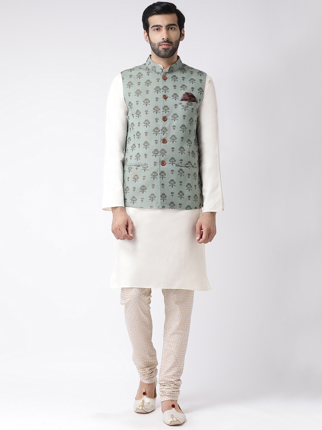 

KISAH Men White & Green Solid Kurta Churidar & Jacket
