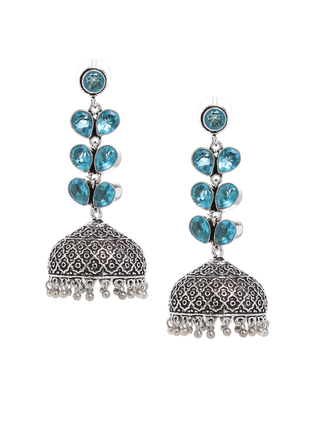 

Bamboo Tree Jewels Blue & Silver-Toned Dome Shaped Jhumkas