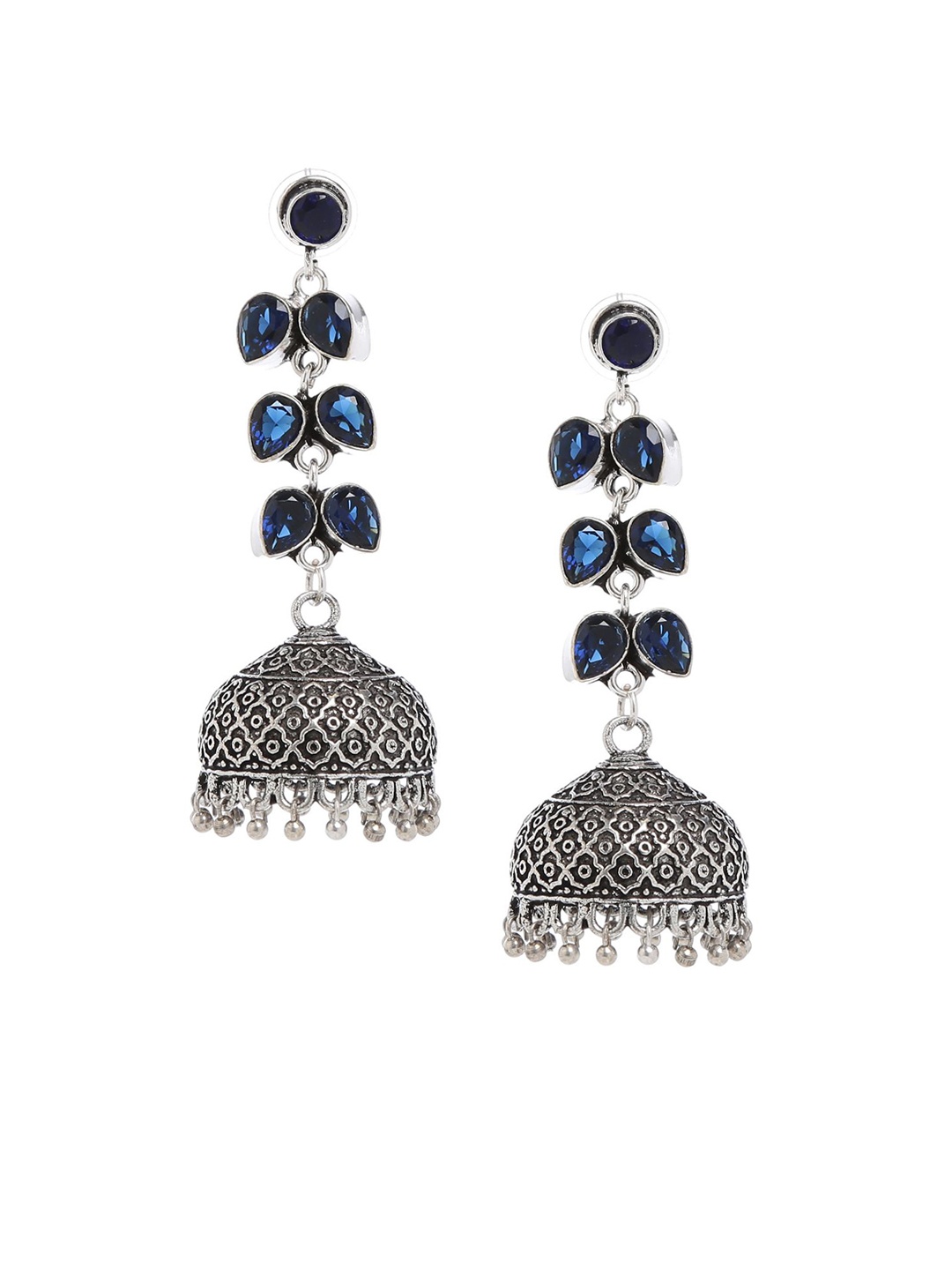 Bamboo Tree Jewels Blue & Silver-Toned Dome Shaped Jhumkas