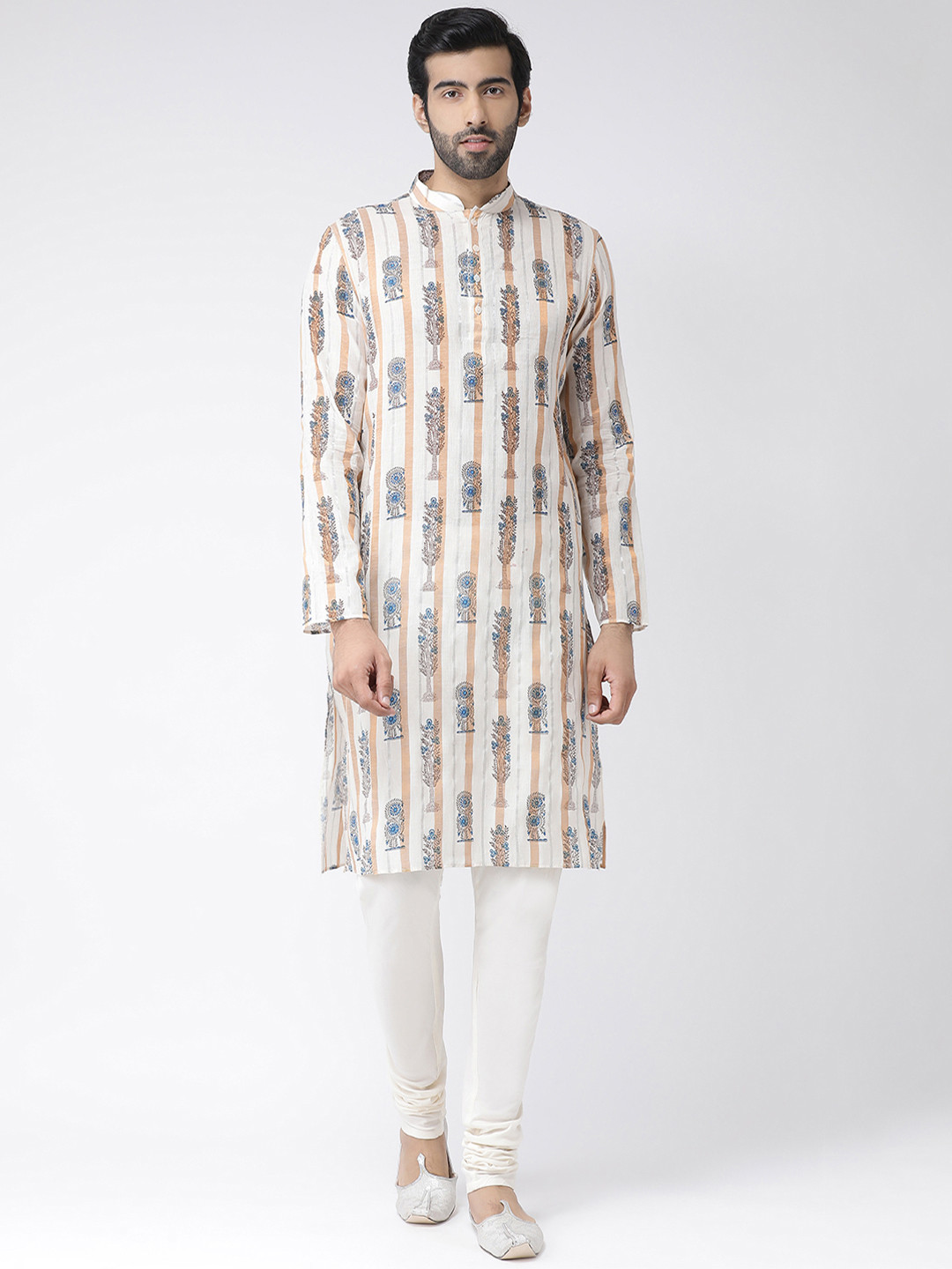 

KISAH Men Cream-Coloured & White Printed Kurta with Churidar