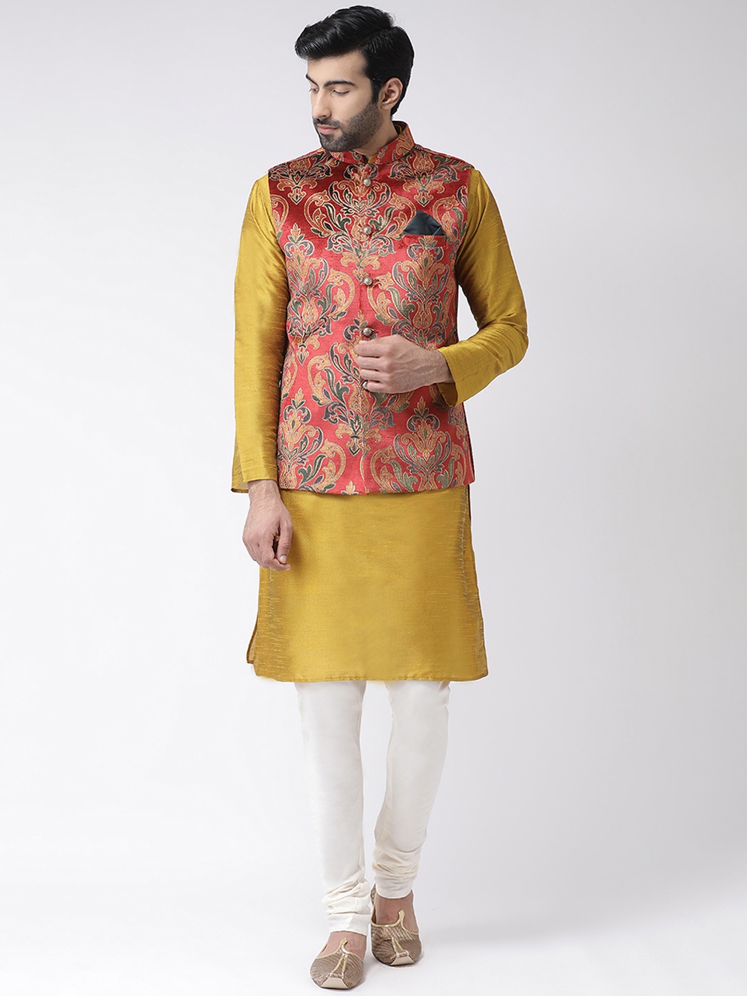 KISAH Men Yellow Solid Kurta with Churidar