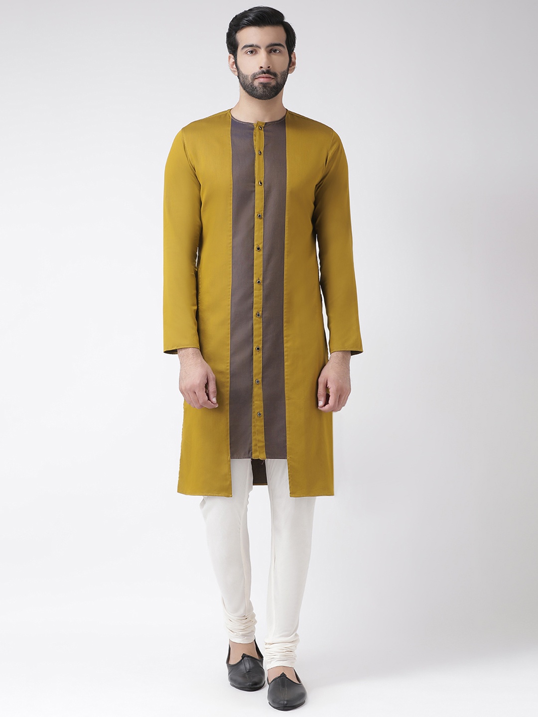 

KISAH Men Mustard Yellow & Brown Colourblocked Kurta with Churidar