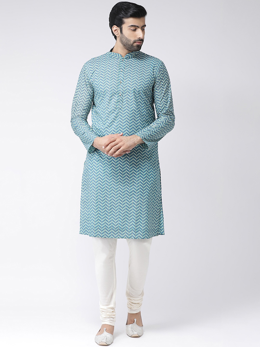 

KISAH Men Blue & White Chevron Striped Kurta with Churidar