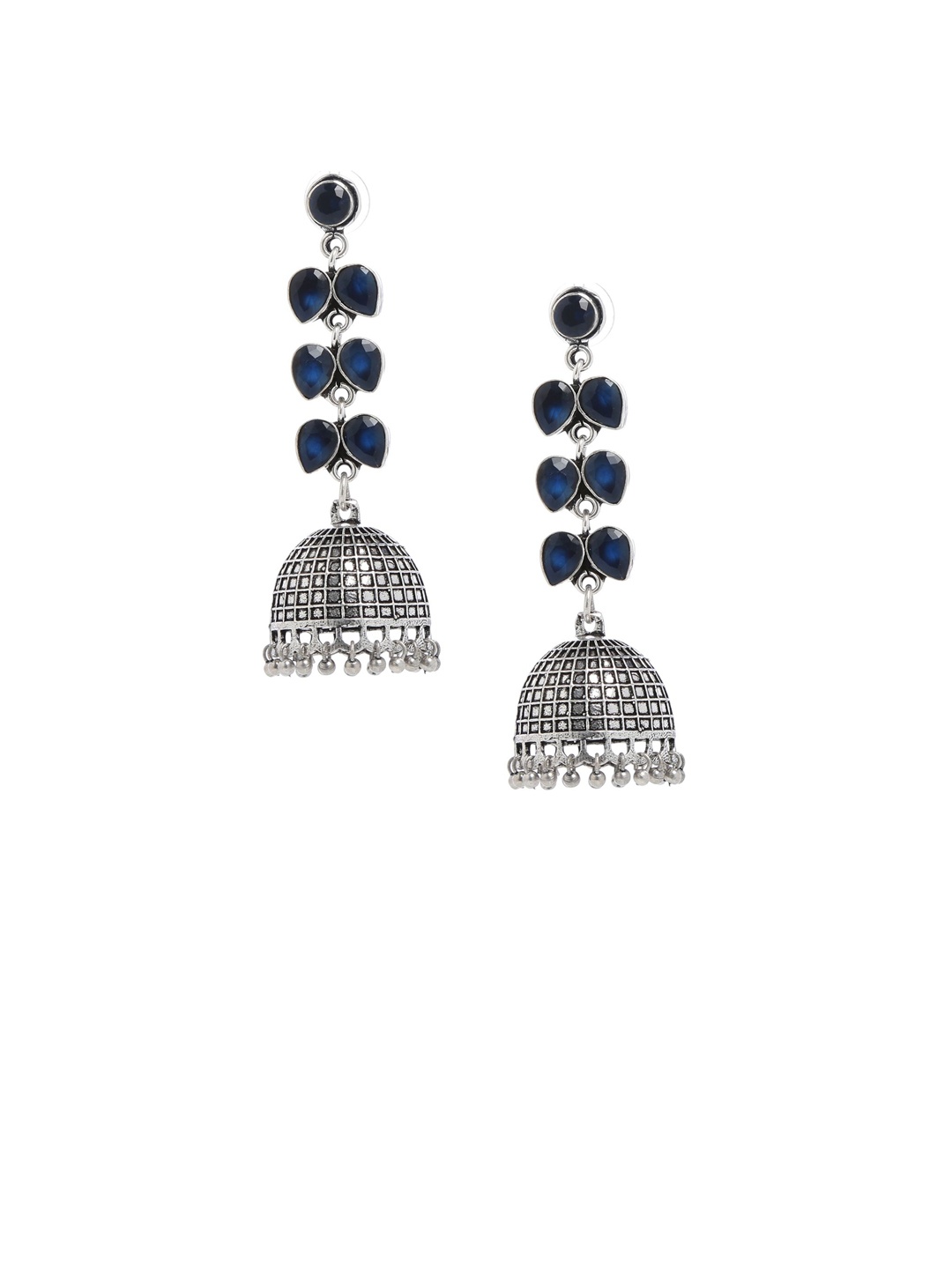 

Bamboo Tree Jewels Blue & Silver-Toned Dome Shaped Jhumkas
