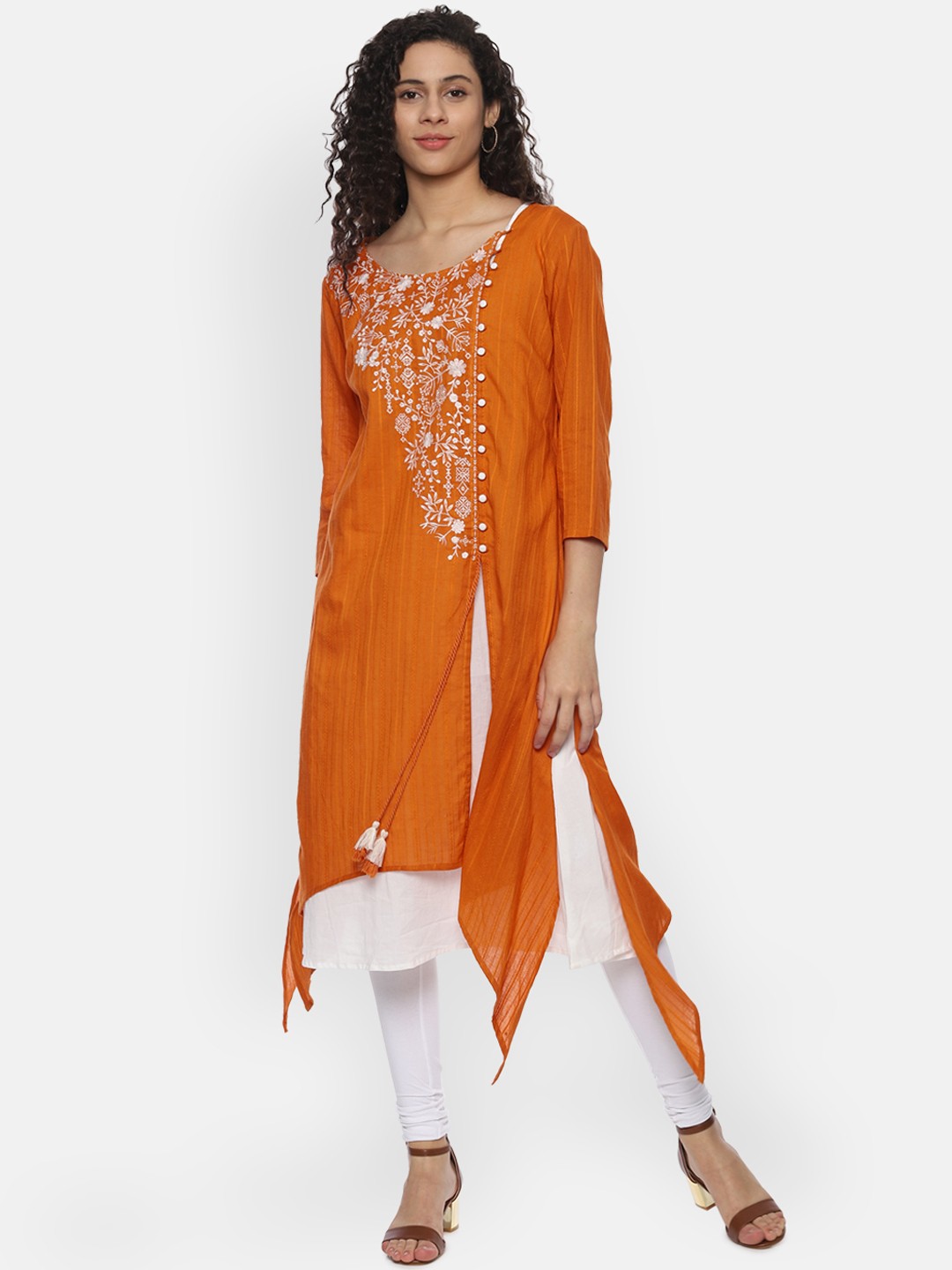 

People Women Orange Embroidered A-Line Kurta