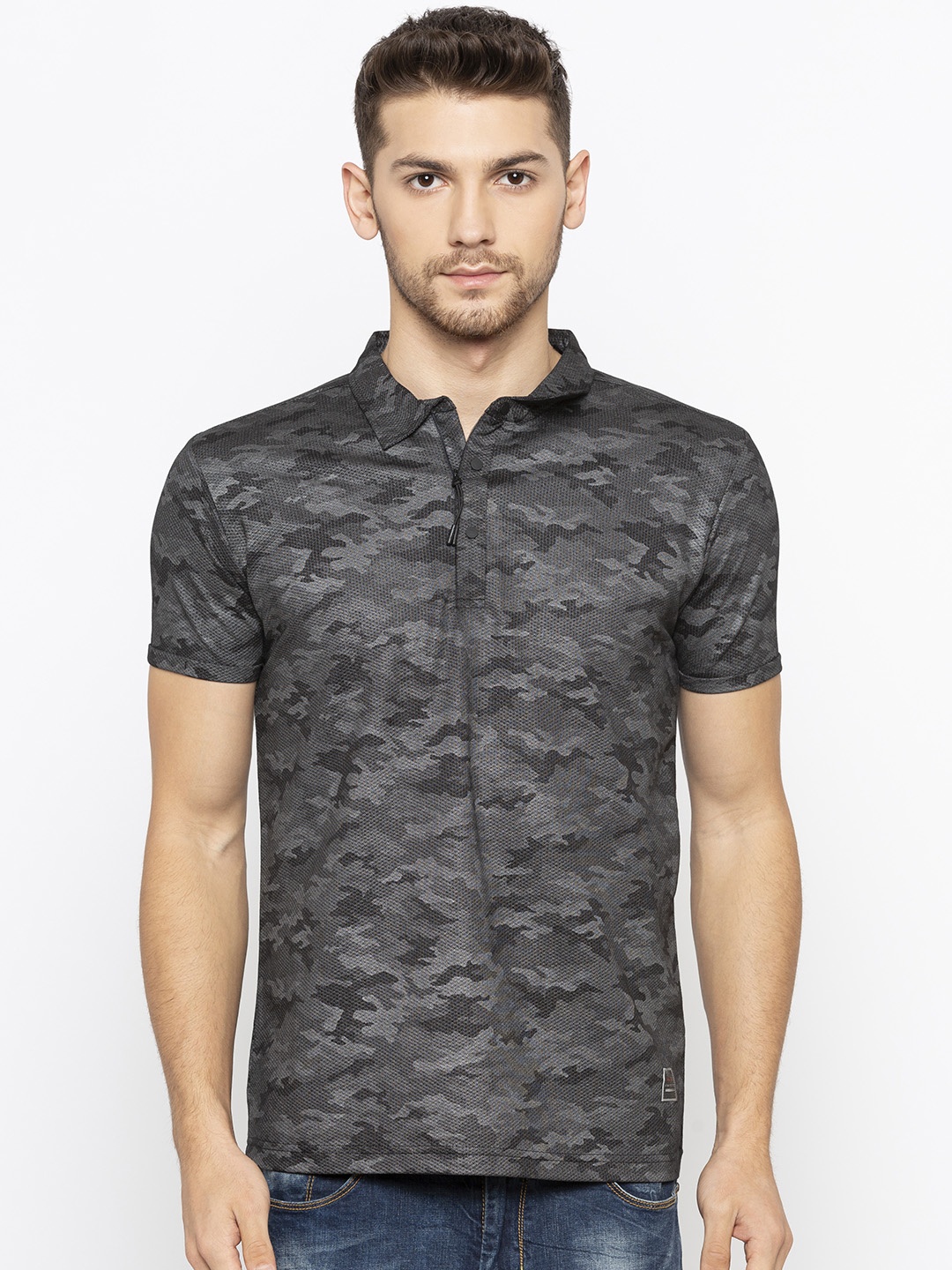 

Status Quo Men Black Printed Polo Collar Pure Cotton T-shirt
