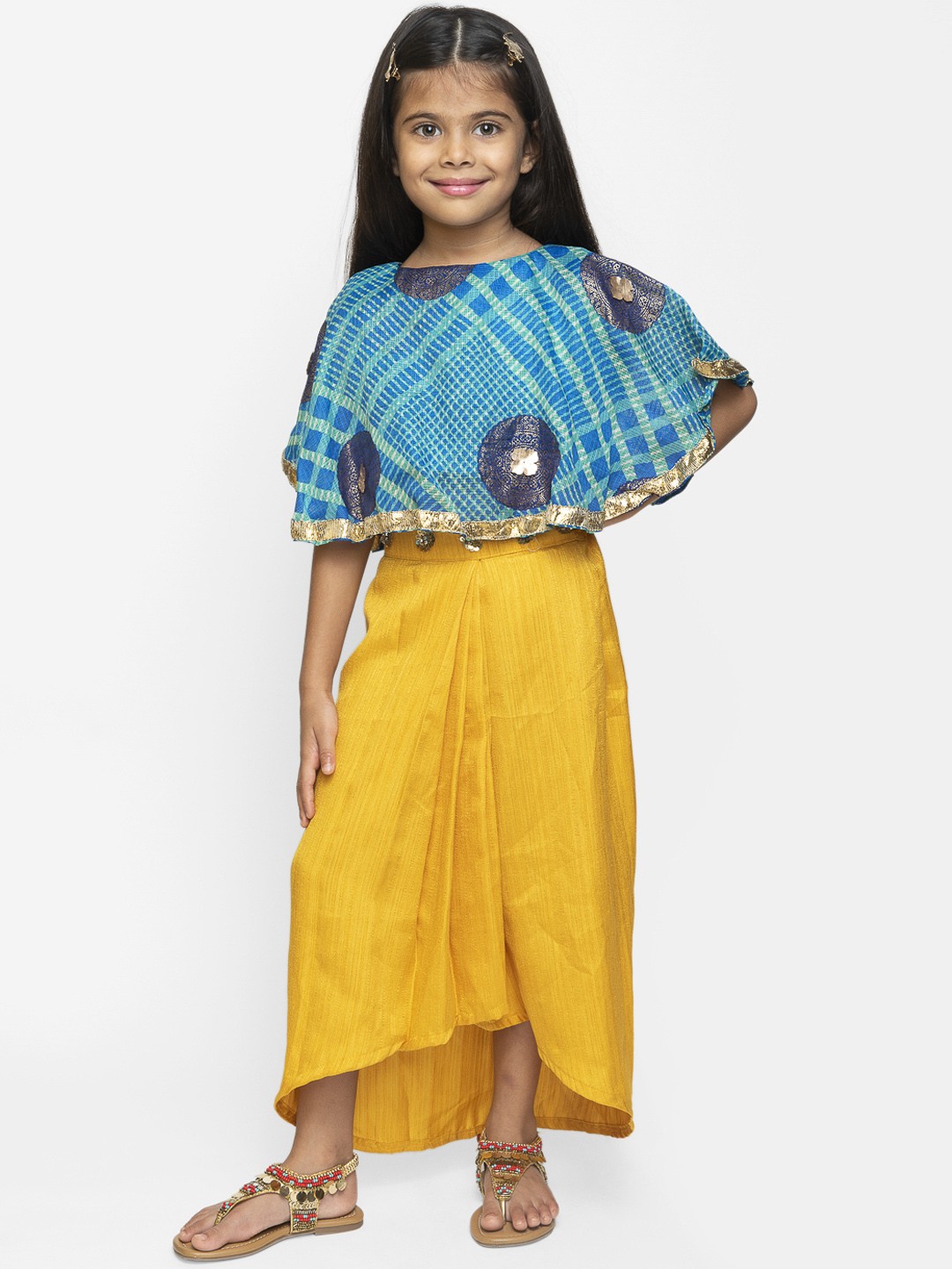 

Fairies Forever Girls Blue & Yellow Self Design Top with Skirt