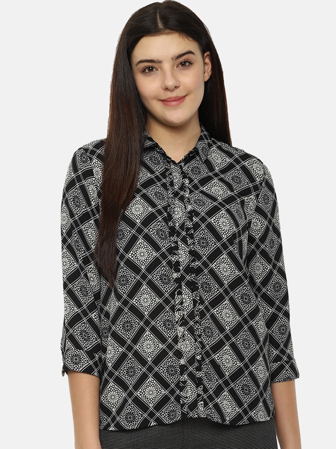 

Van Heusen Woman Black & White Regular Fit Printed Casual Shirt