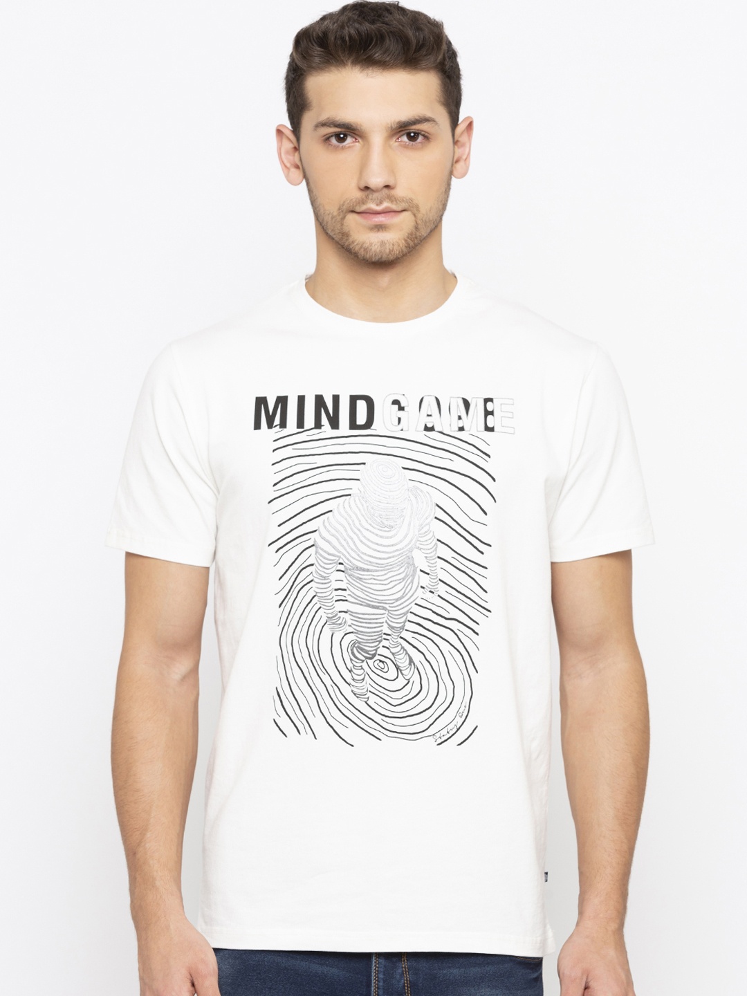 

Status Quo Men White Slim Fit Printed Round Neck T-shirt