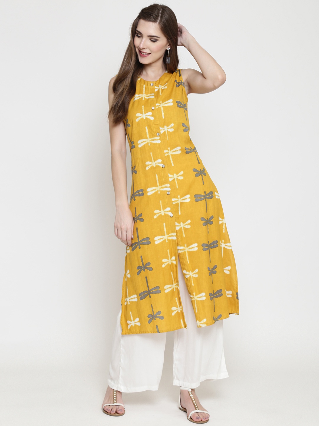 

Sera Women Mustard Yellow Printed Straight Kurta