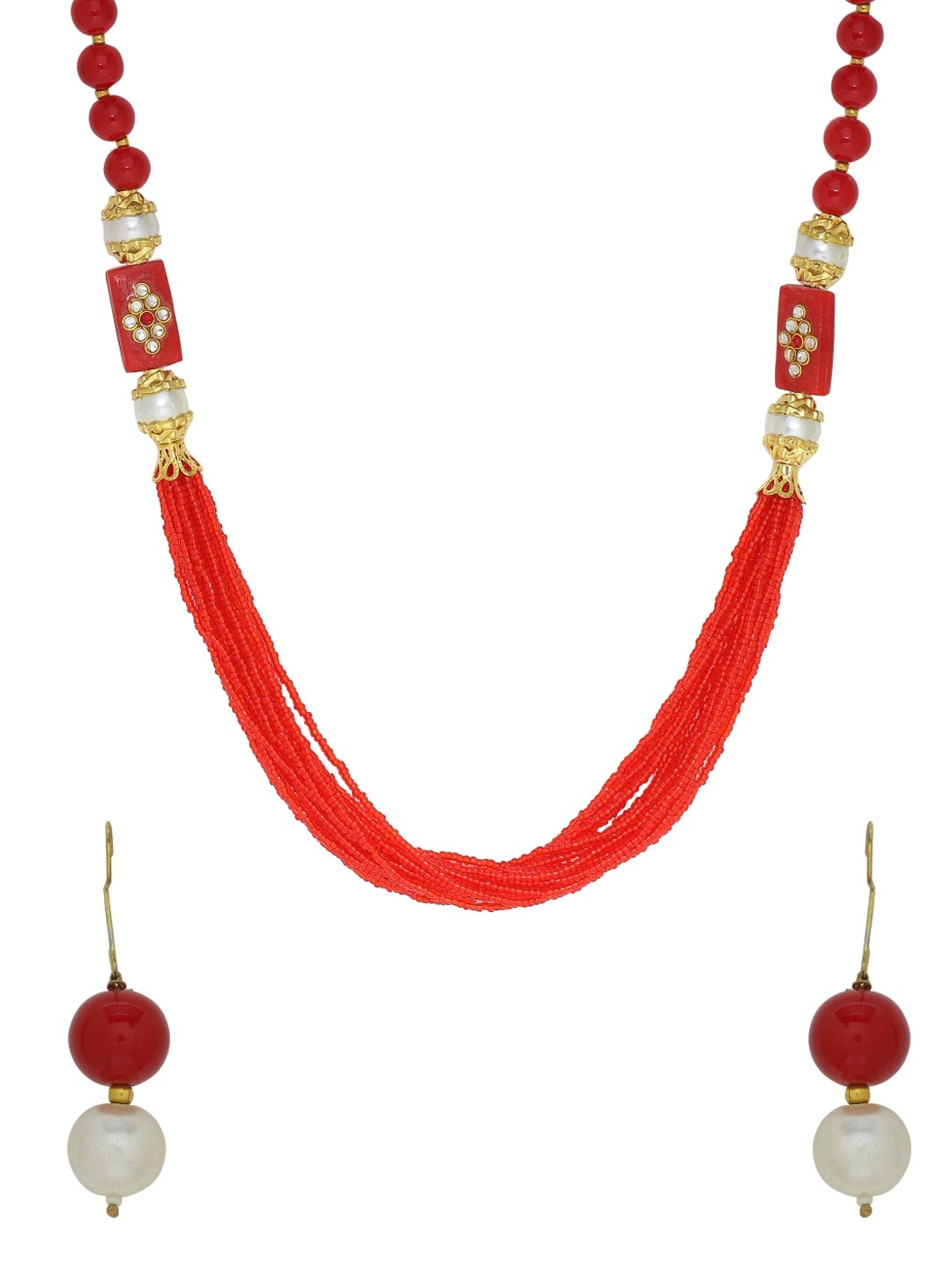 Silvermerc Designs Red Moti Work Jewellery Set