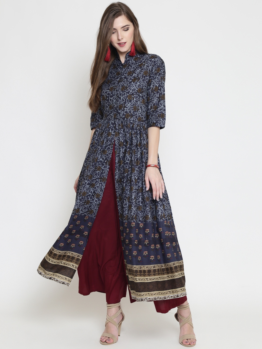 

Sera Women Blue Ethnic Motifs Printed High Slit Pure Cotton Kurta with Palazzos