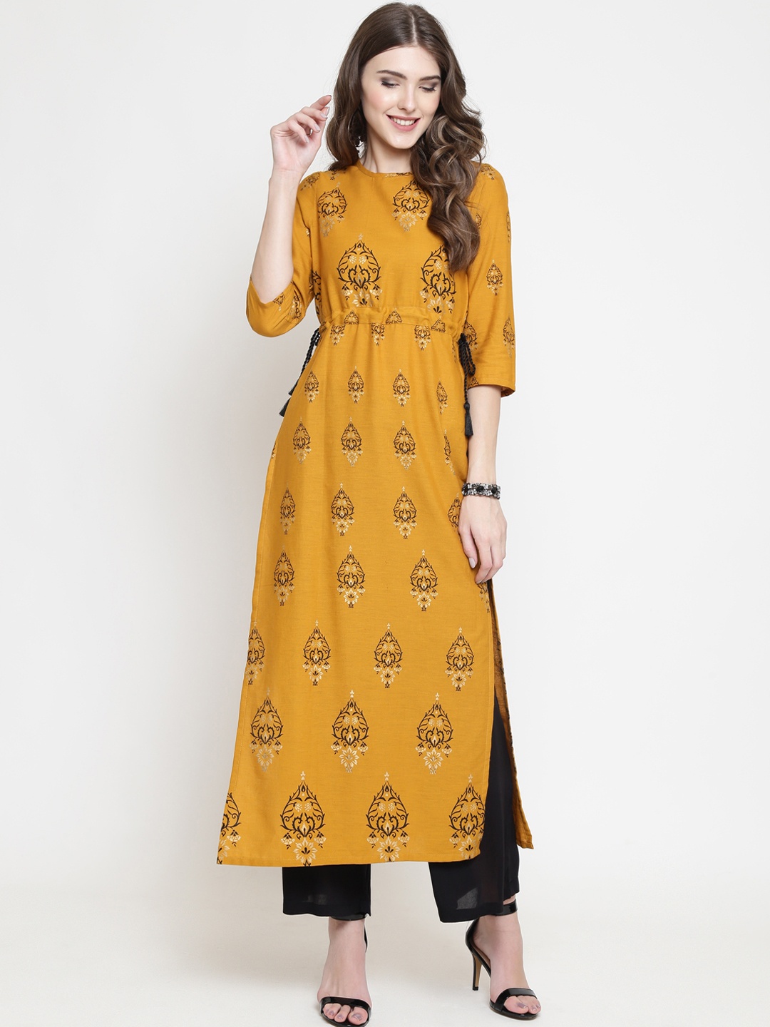 

Sera Women Mustard Yellow Printed Straight Kurta