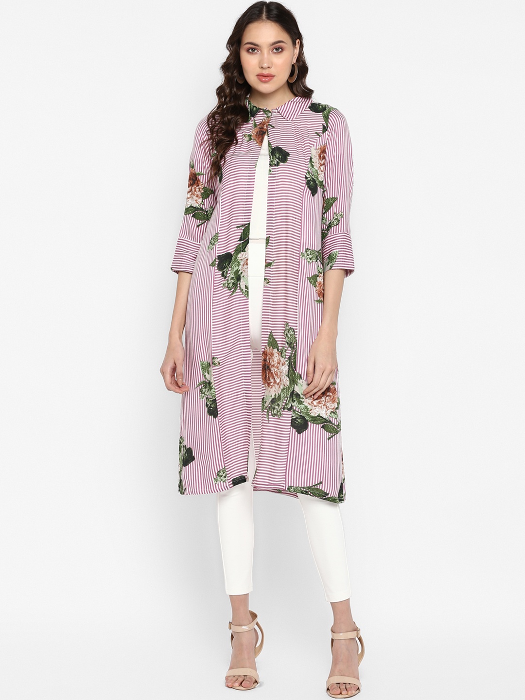 

Color Cocktail Women Pink & White Striped Button Longline Shrug