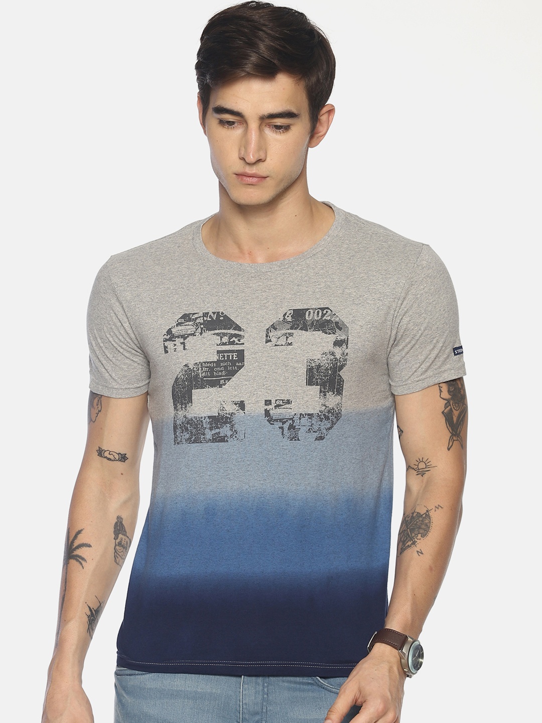 

Steenbok Men Grey & Blue Printed Round Neck T-shirt