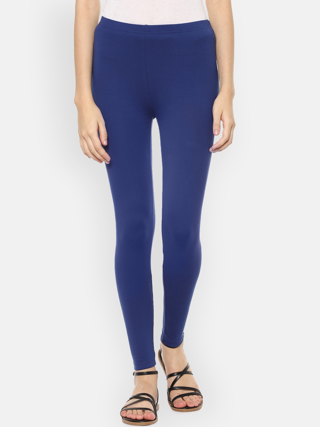 

People Women Blue Solid Ankle-Length Leggings