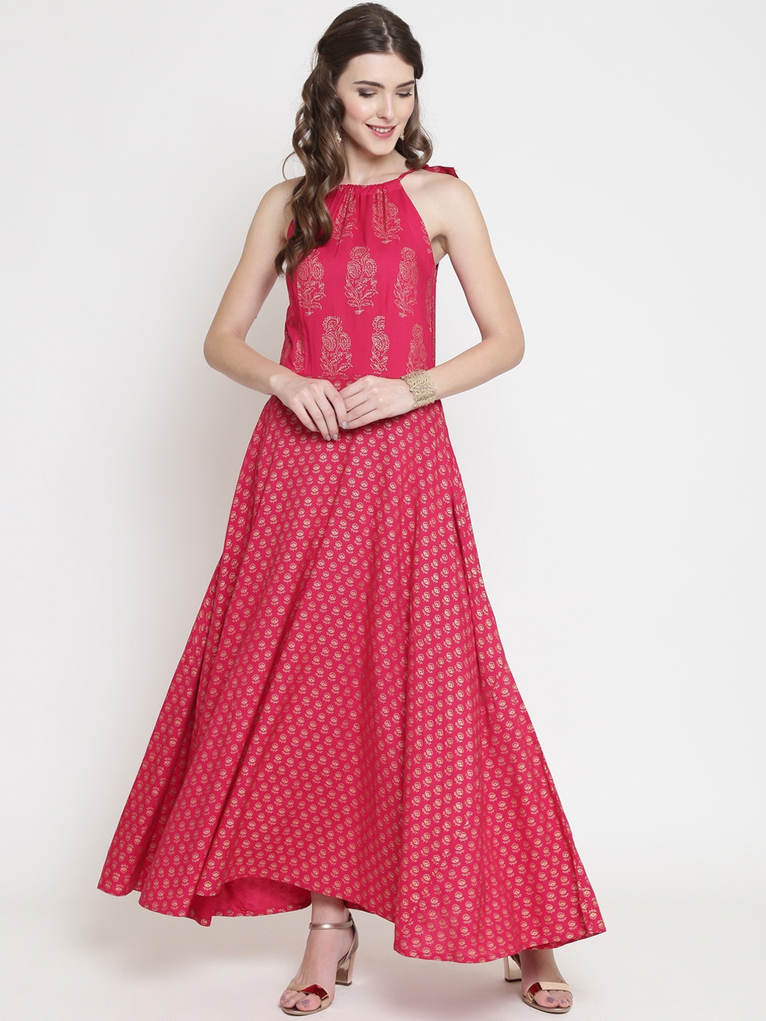 

Sera Women Fuchsia & Gold-Toned Printed Maxi Dress