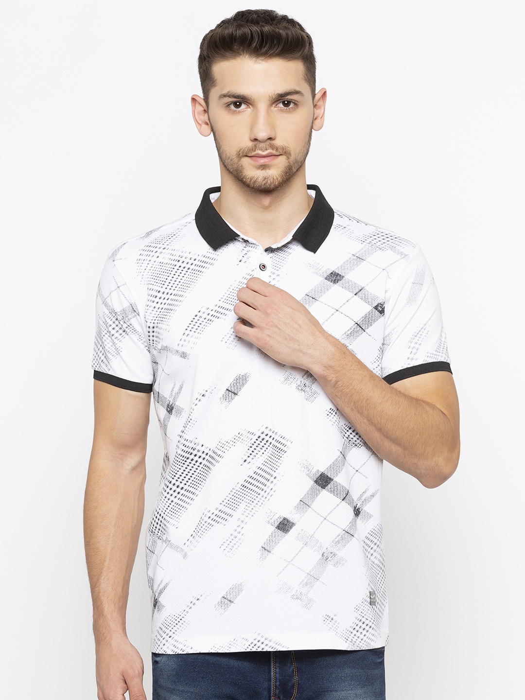 

Status Quo Men White Slim Fit Printed Polo Collar Pure Cotton T-shirt