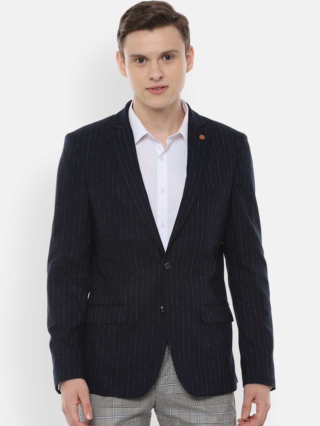 

Allen Solly Sport Men Navy Blue Striped Slim Fit Single-Breasted Blazer
