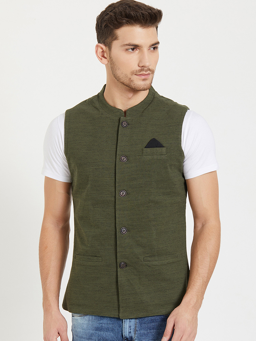 

Status Quo Mens Olive Green Solid Nehru Jacket