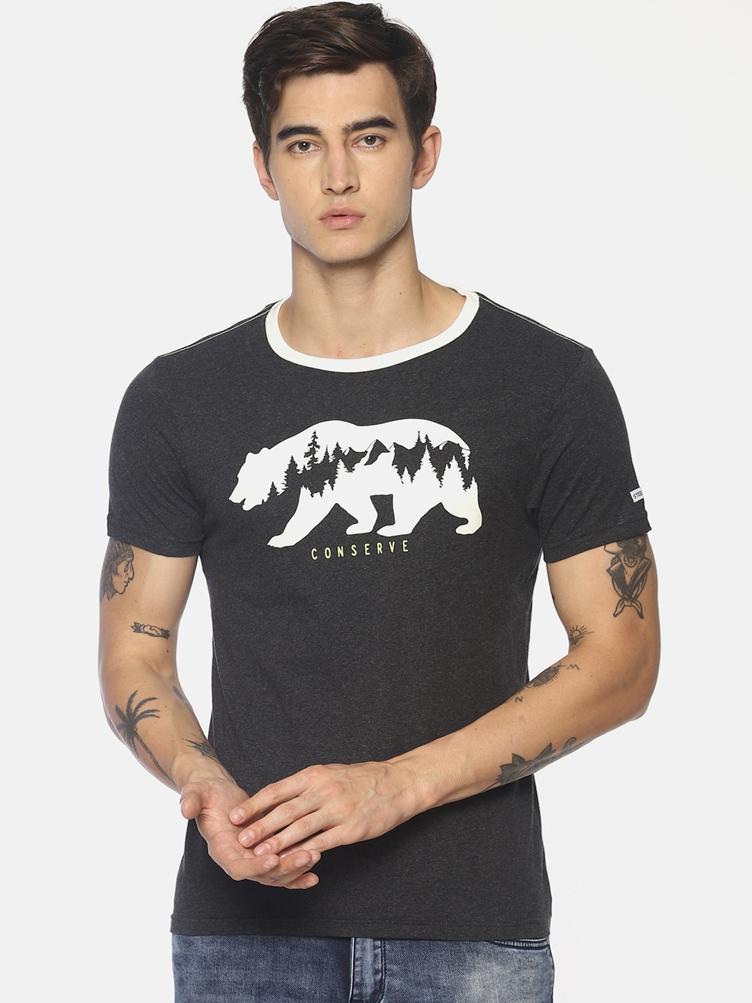 

Steenbok Men Grey Melange Printed Round Neck T-shirt