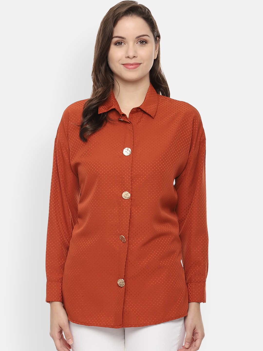 

Van Heusen Woman Rust Orange Regular Fit Solid Casual Shirt