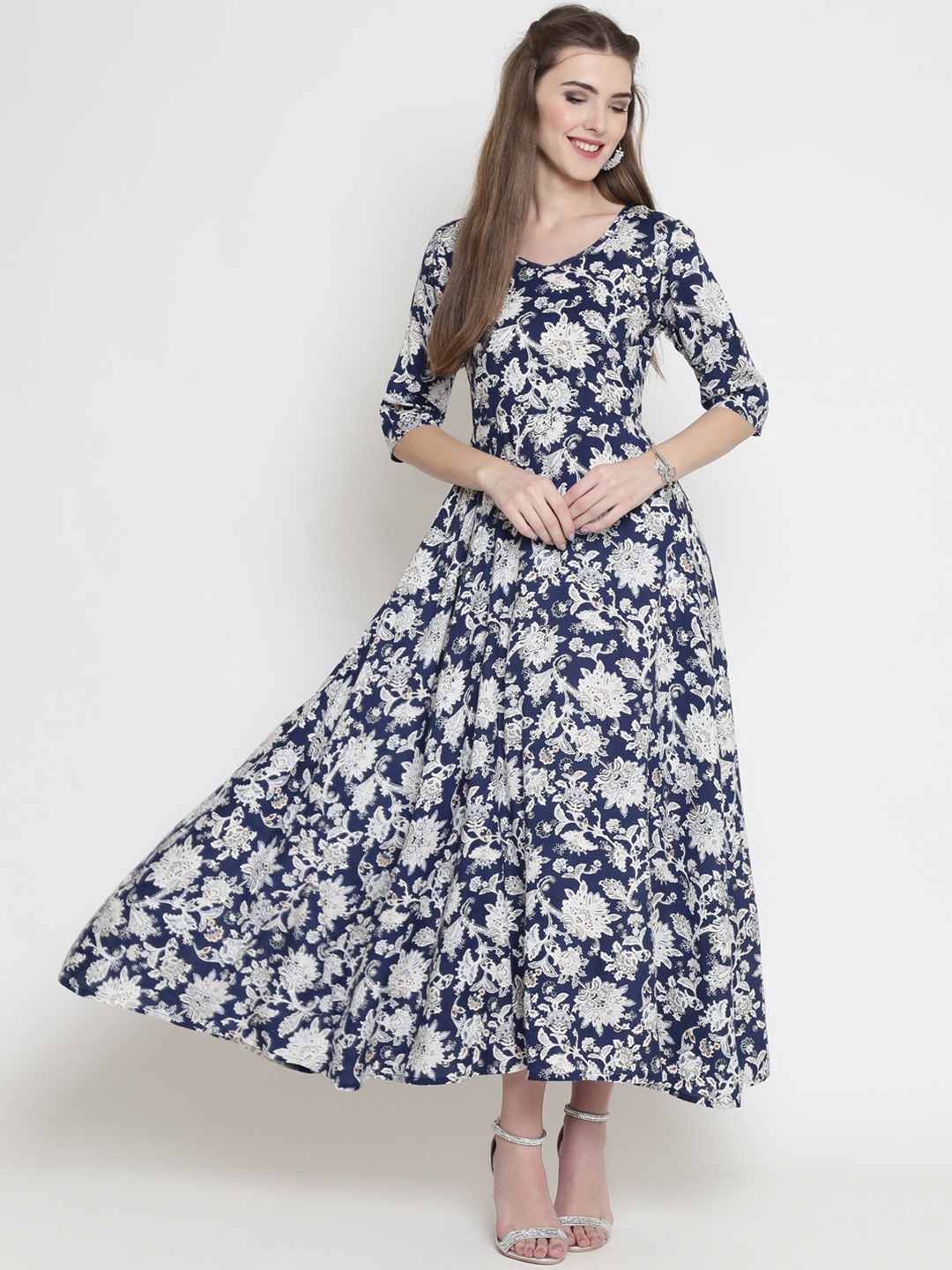 Sera Women Navy Blue & White Printed Fit and Flare Dress