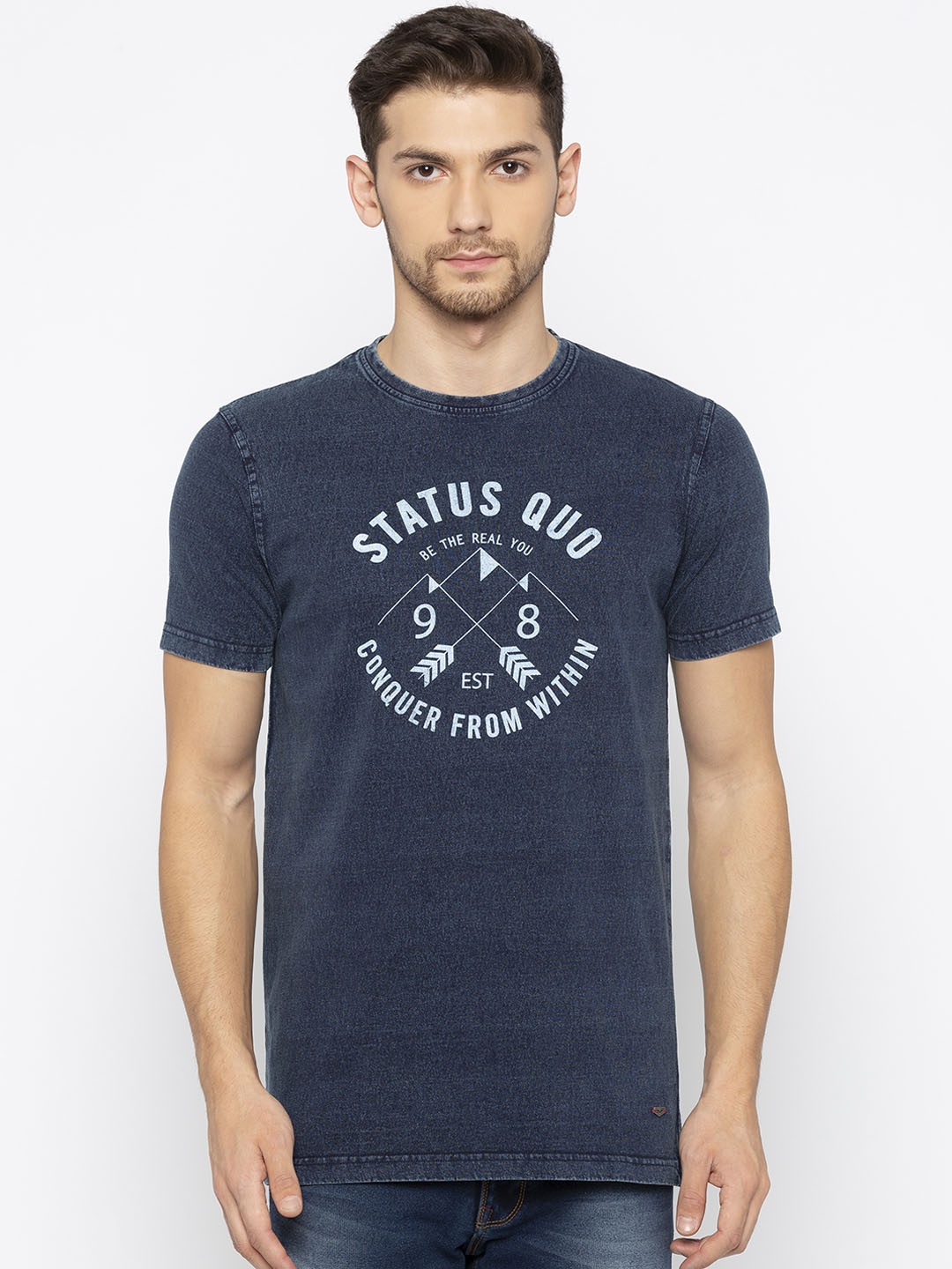 Status Quo Men Blue Slim Fit Printed Round Neck Pure Cotton T-shirt