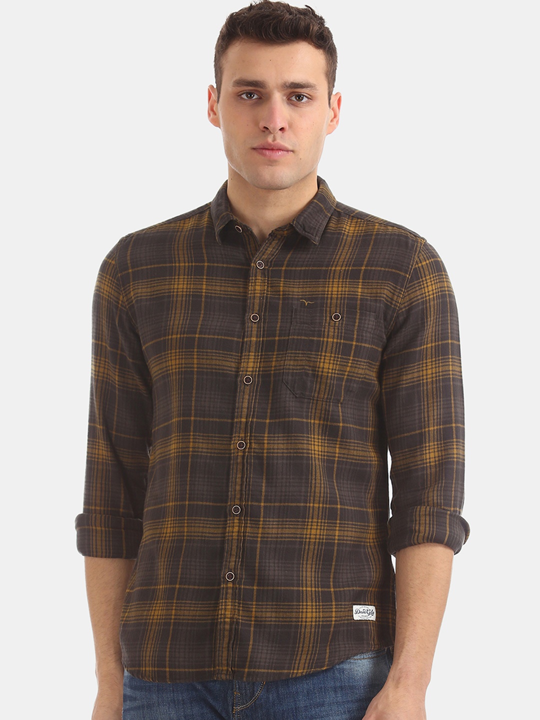 

Flying Machine Men Green & Yellow Slim Fit Checked Casual Shirt