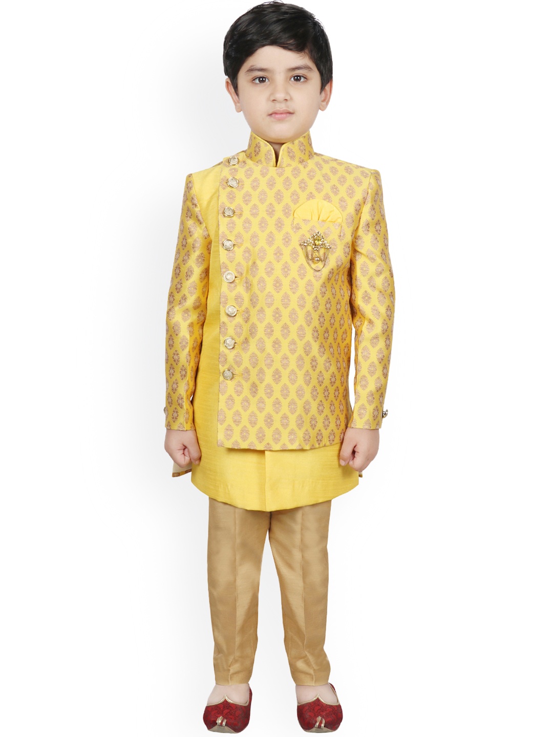 

SG YUVRAJ Kids-Boys Yellow & Gold-Toned Woven Sherwani with Trosuers