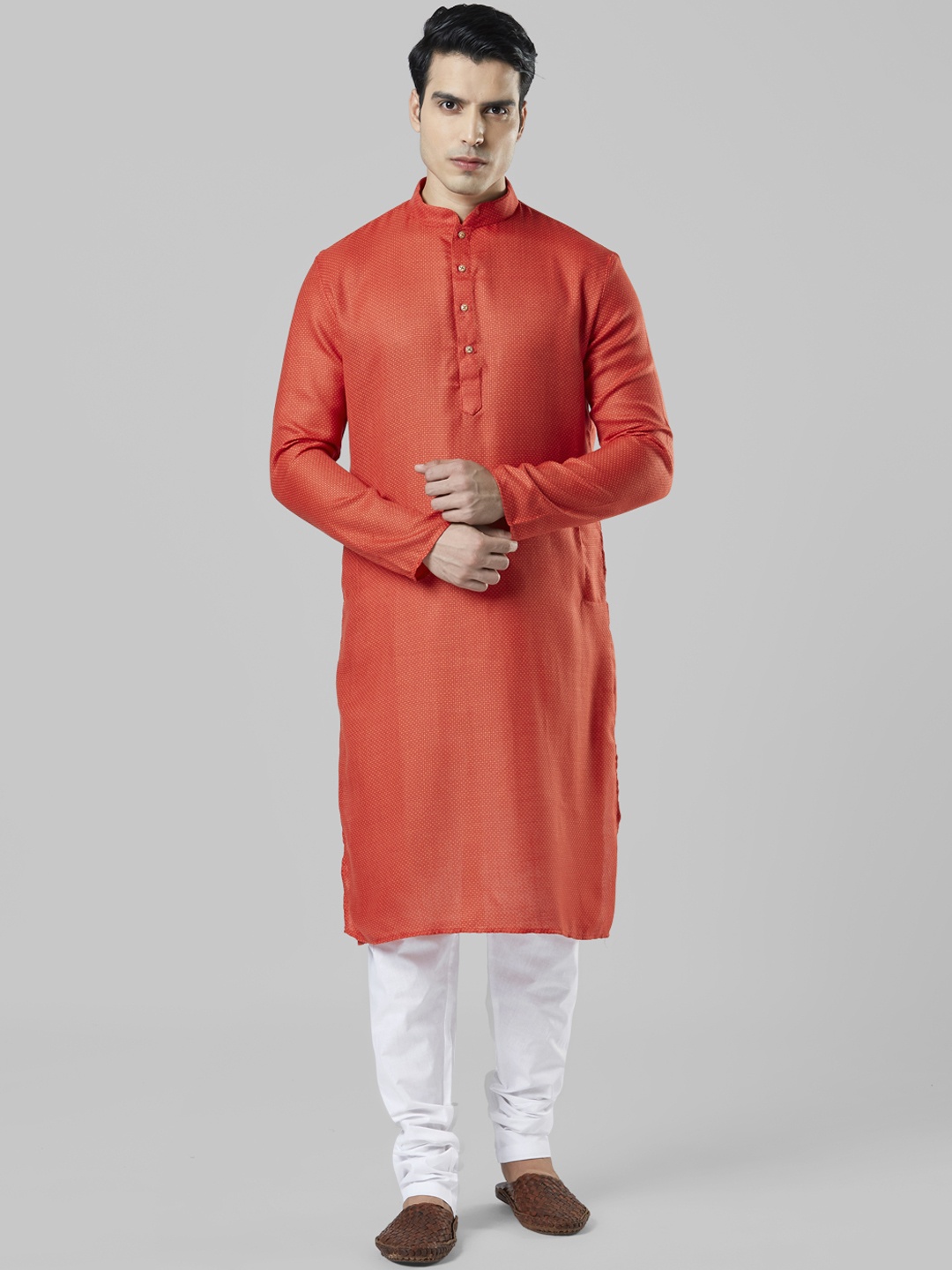 

Ethnix by Raymond Men Coral Red Woven Design Straight Kurta