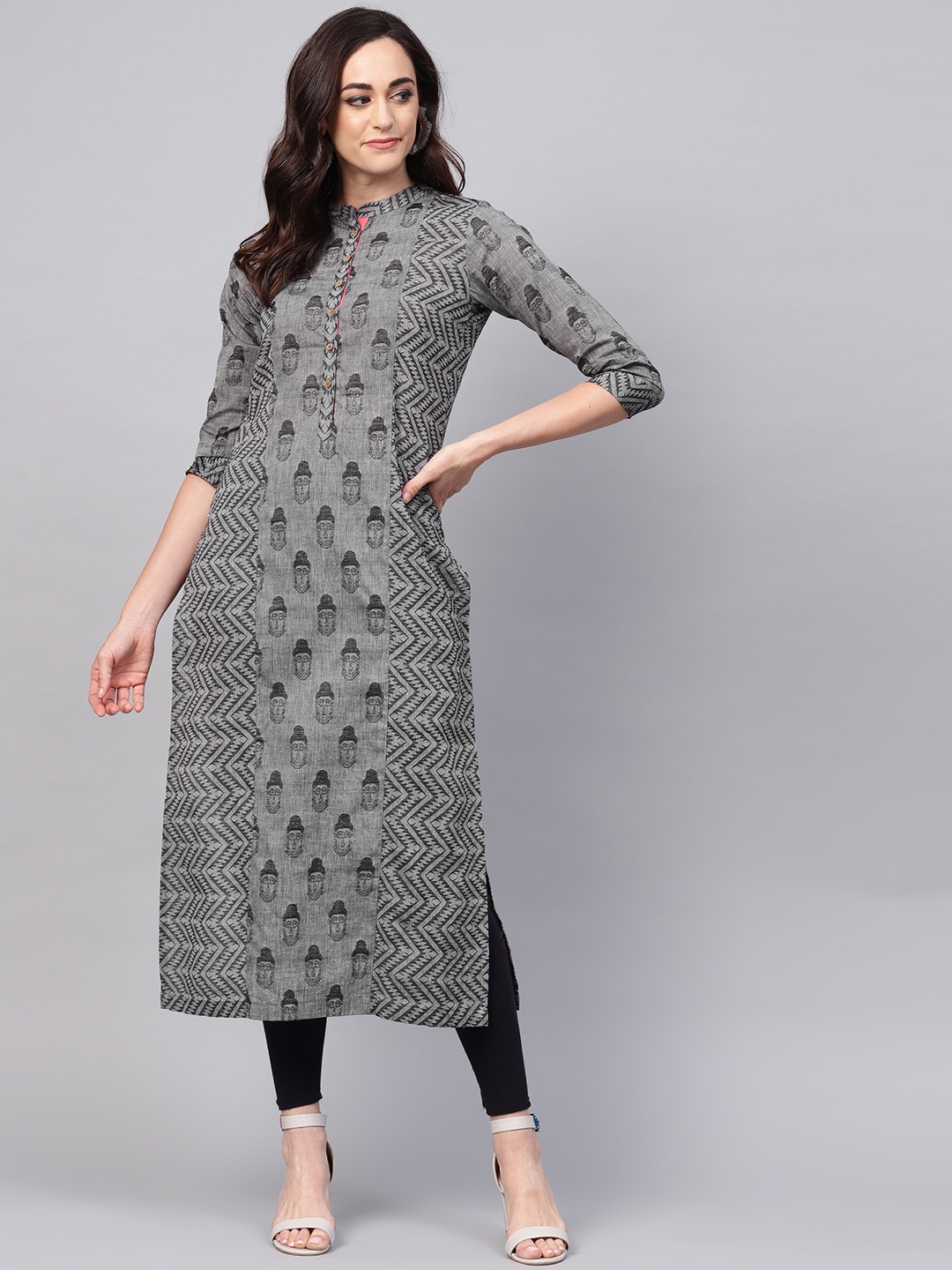 

Pannkh Women Grey Printed Handloom Straight Kurta