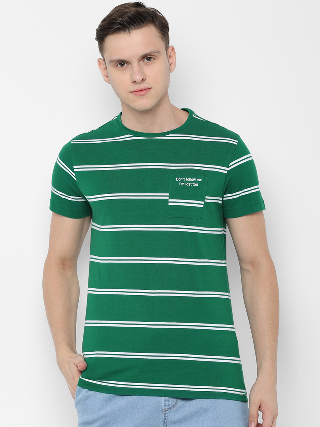 

People Men Green Striped Round Neck T-shirt