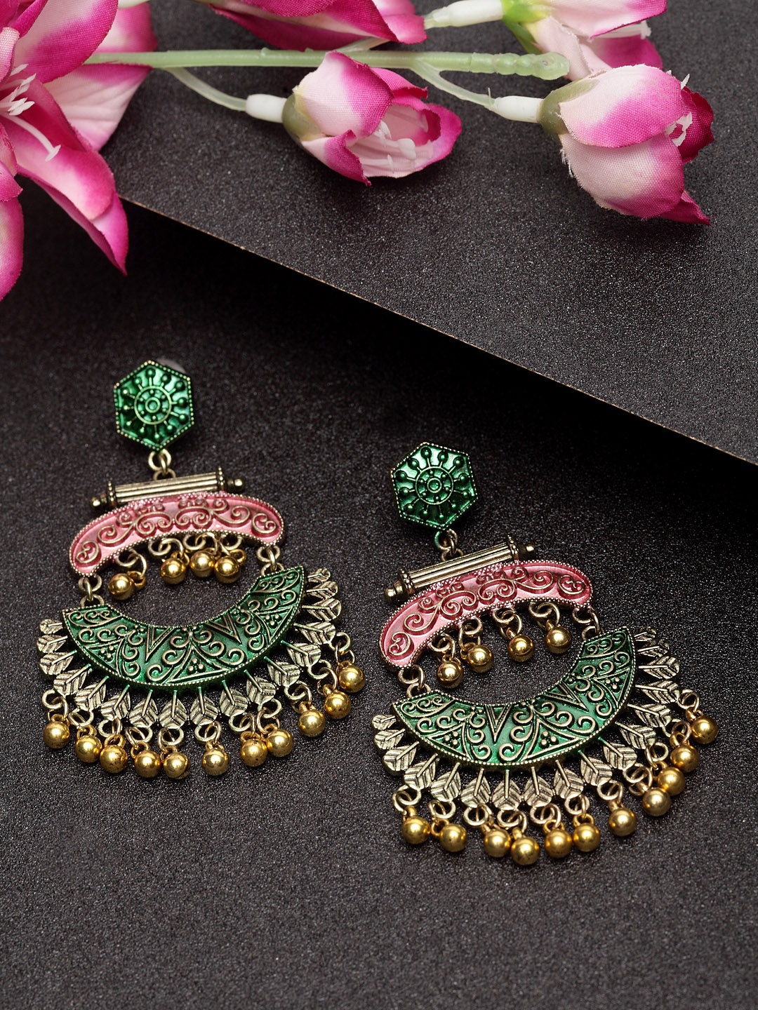 

Moedbuille Gold-Plated & Green Crescent Shaped Hand-Painted Meenakari Chandbalis