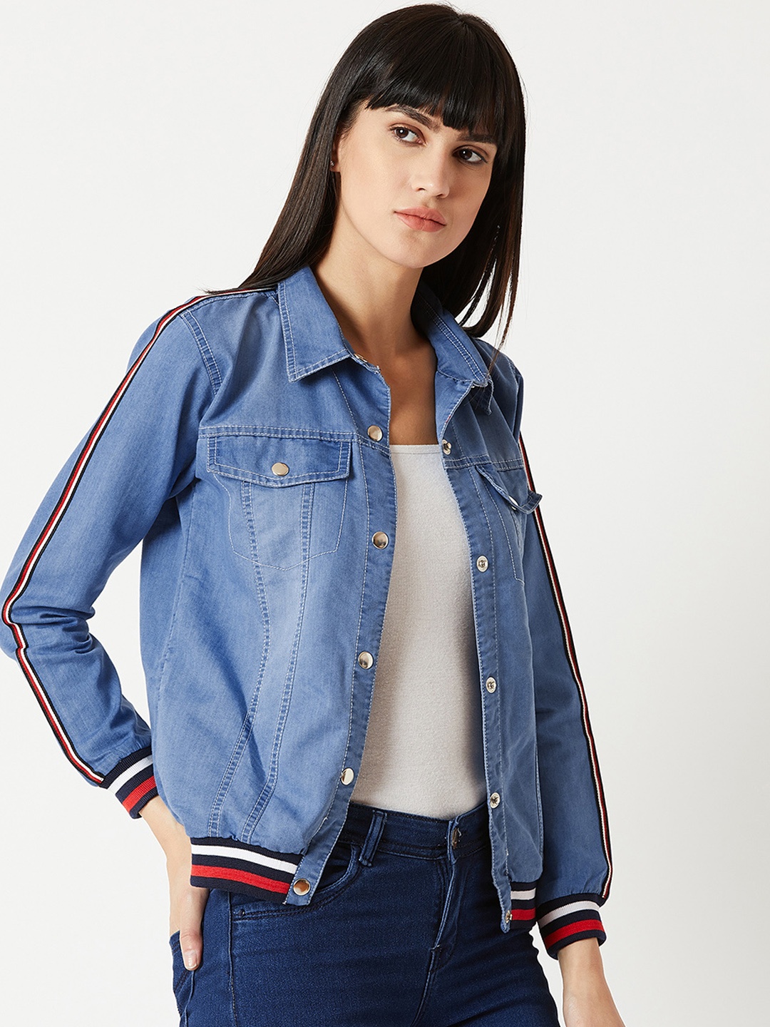 

Miss Chase Women Blue Striped Denim Jacket