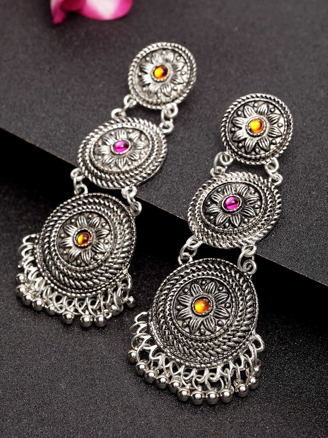 

Moedbuille Silver-Plated & Pink Handcrafted Oxidised Circular Tribal Earrings