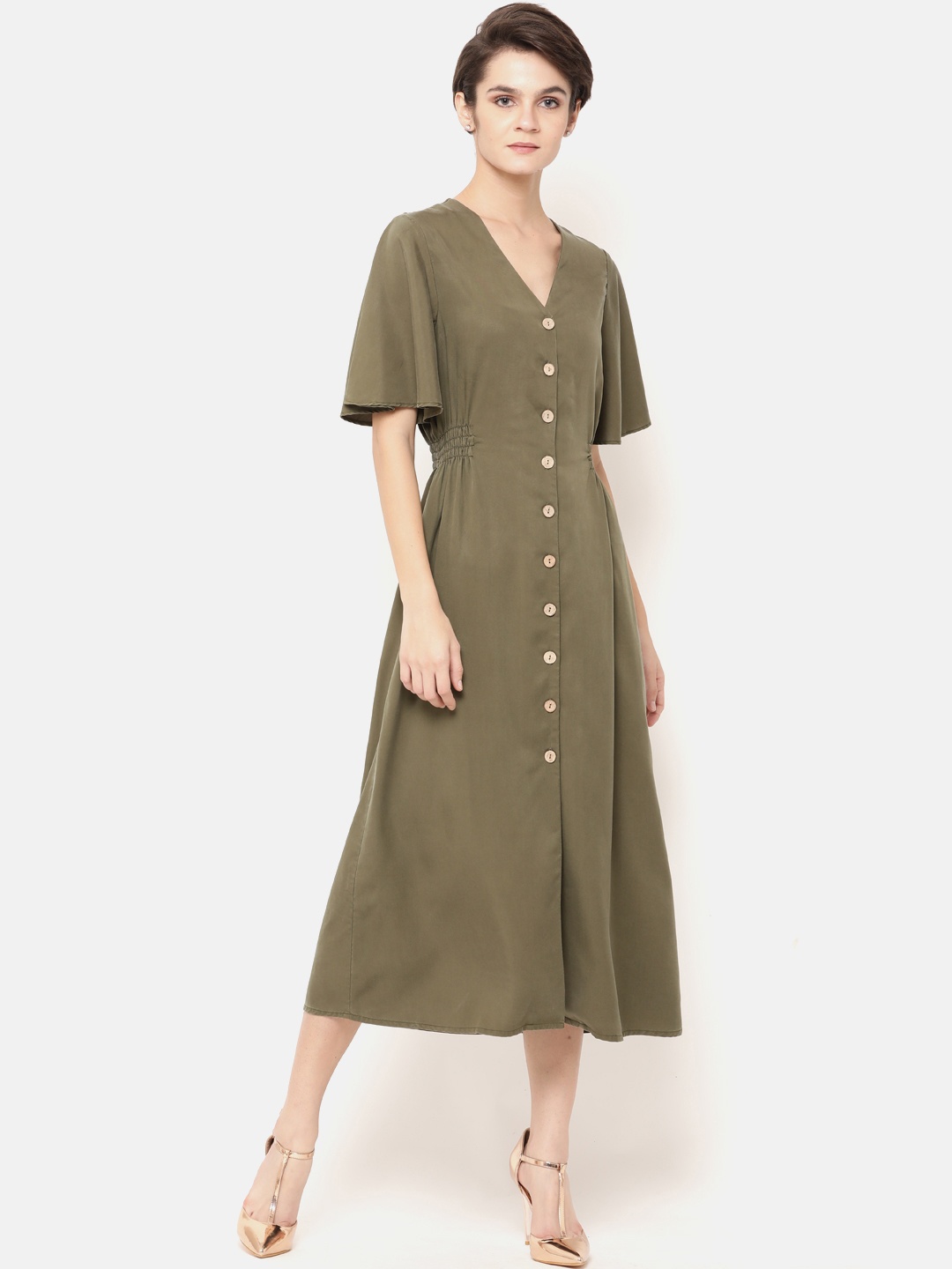 

Gipsy Women Solid Olive Green A-Line Dress