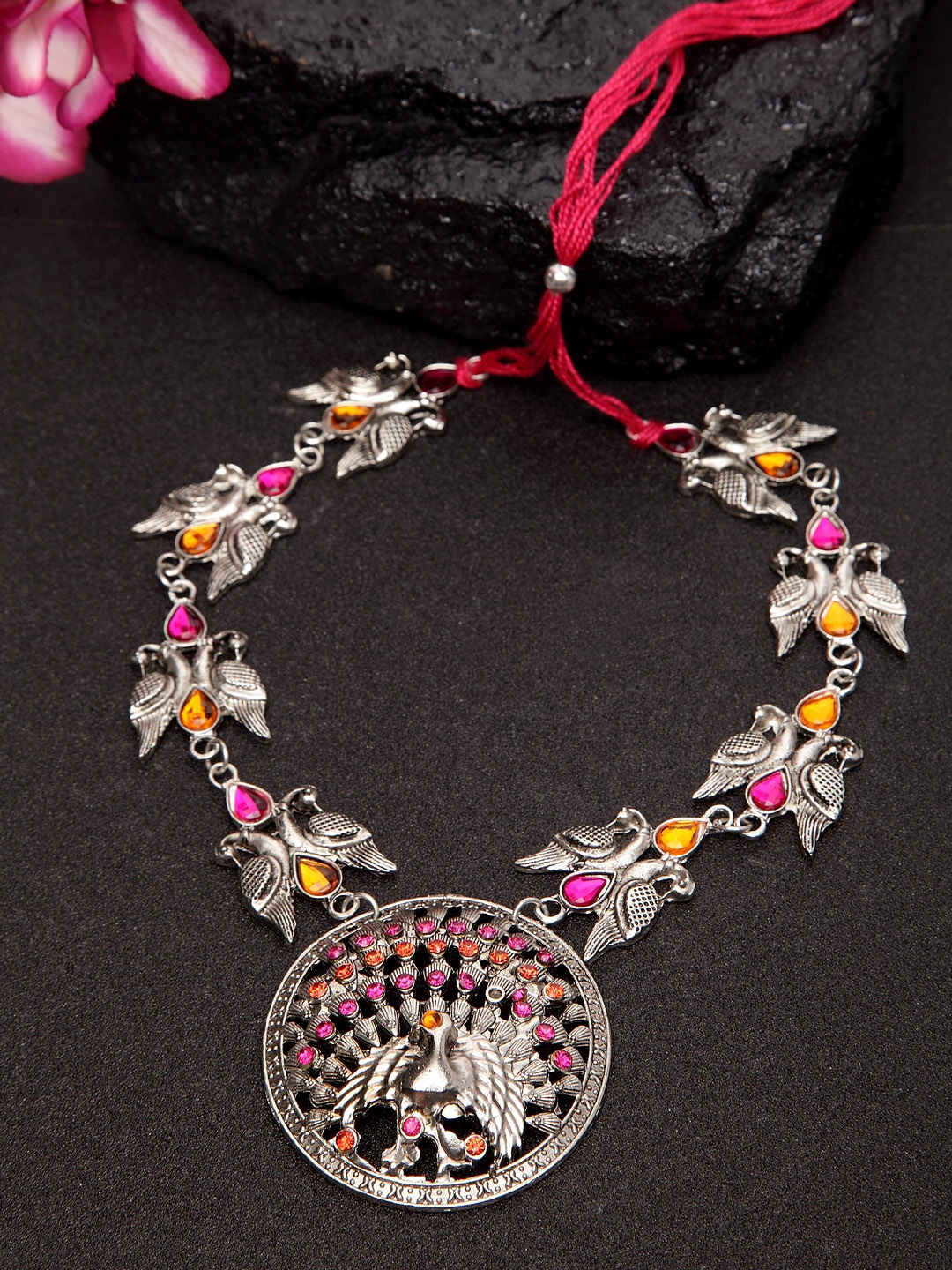 

Moedbuille Silver-Plated Handcrafted Afghan Oxidised Peacock Shaped Necklace