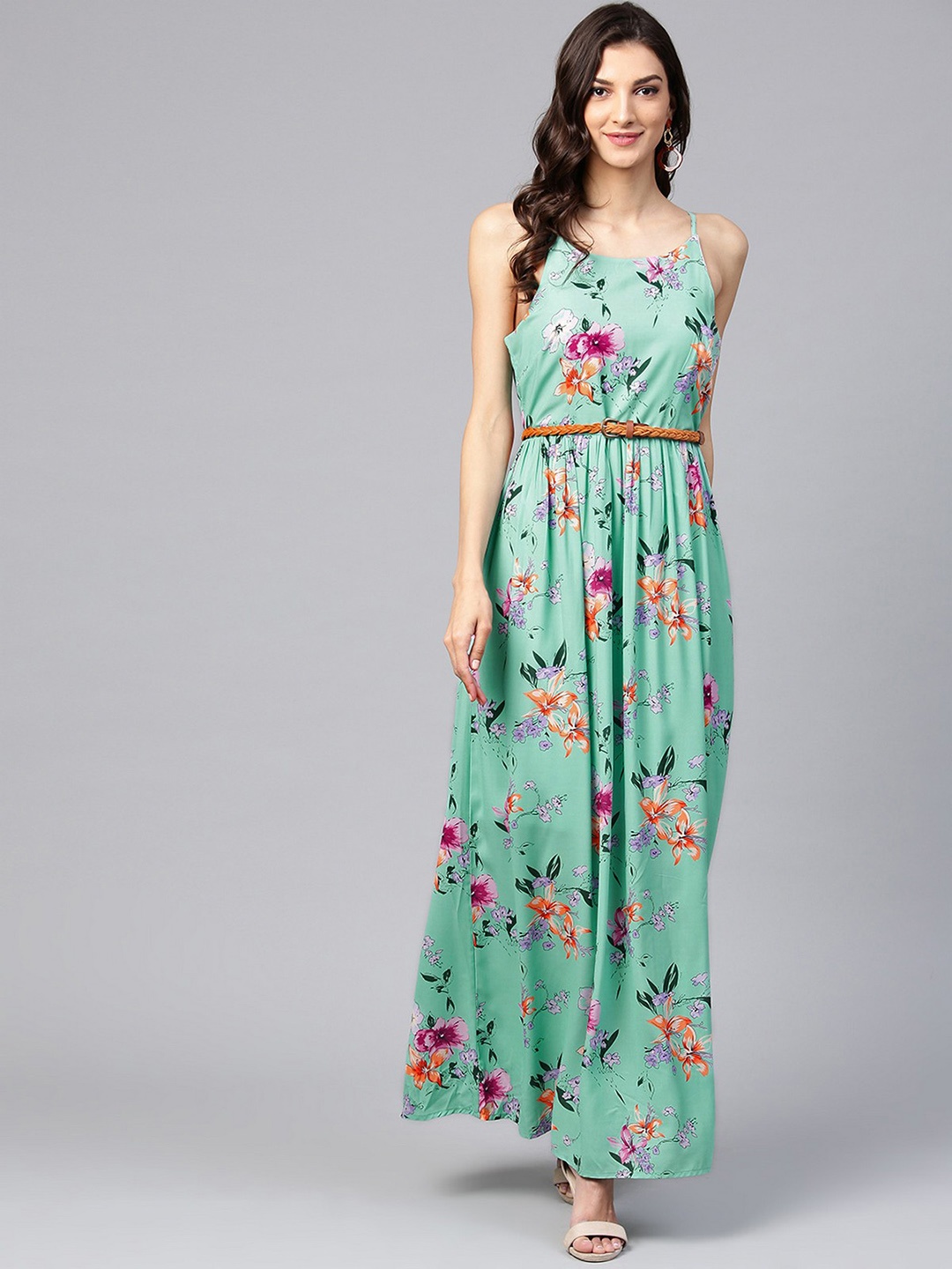 Zima Leto Women Green Floral Printed Maxi Dress