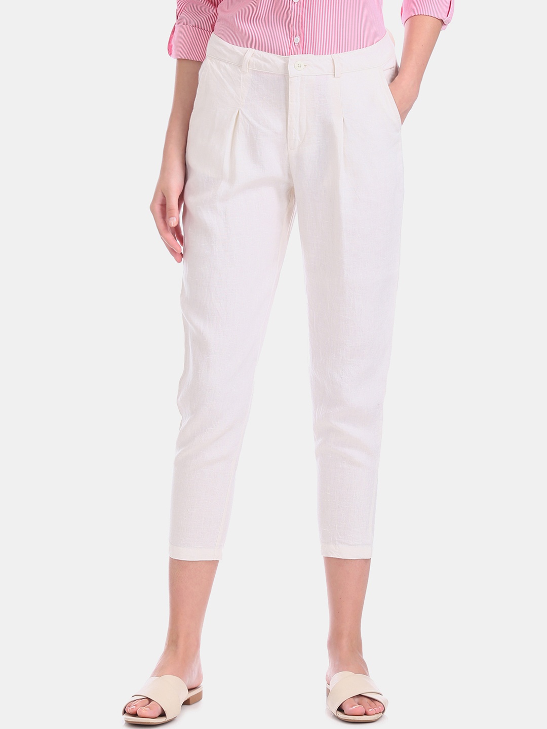 

U.S. Polo Assn. Women White Straight Fit Solid Three-Fourth Length Peg Linen Trousers