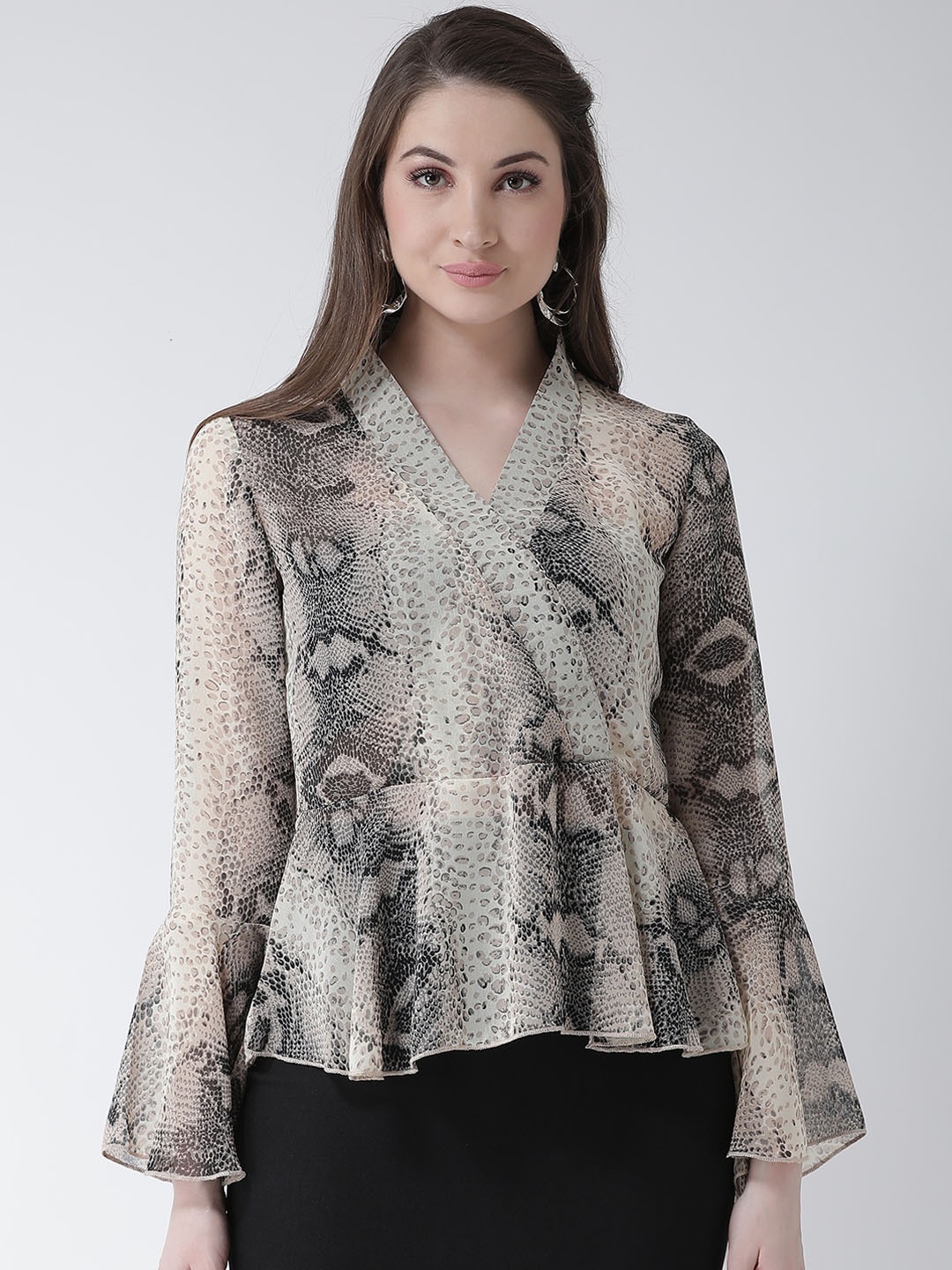 

KASSUALLY Women Beige & Black Snake Skin Printed Wrap Top
