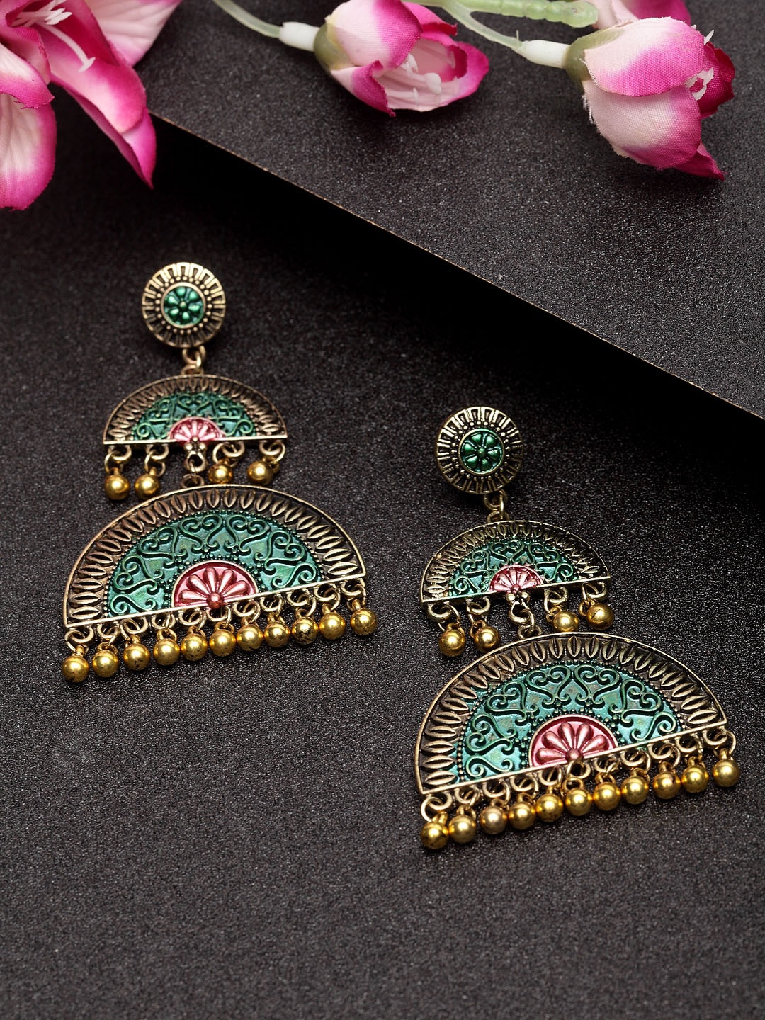 

Moedbuille Gold-Plated & Green Geometric Hand-Painted Meenakari Drop Earrings