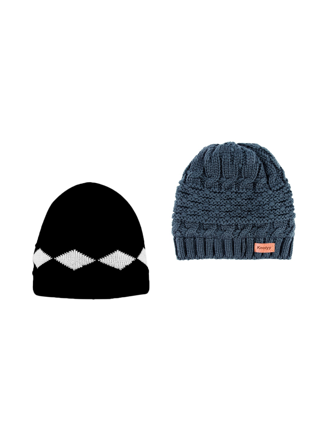 

Knotyy Men Pack of 2 Self-Design Woolen Beanies, Black