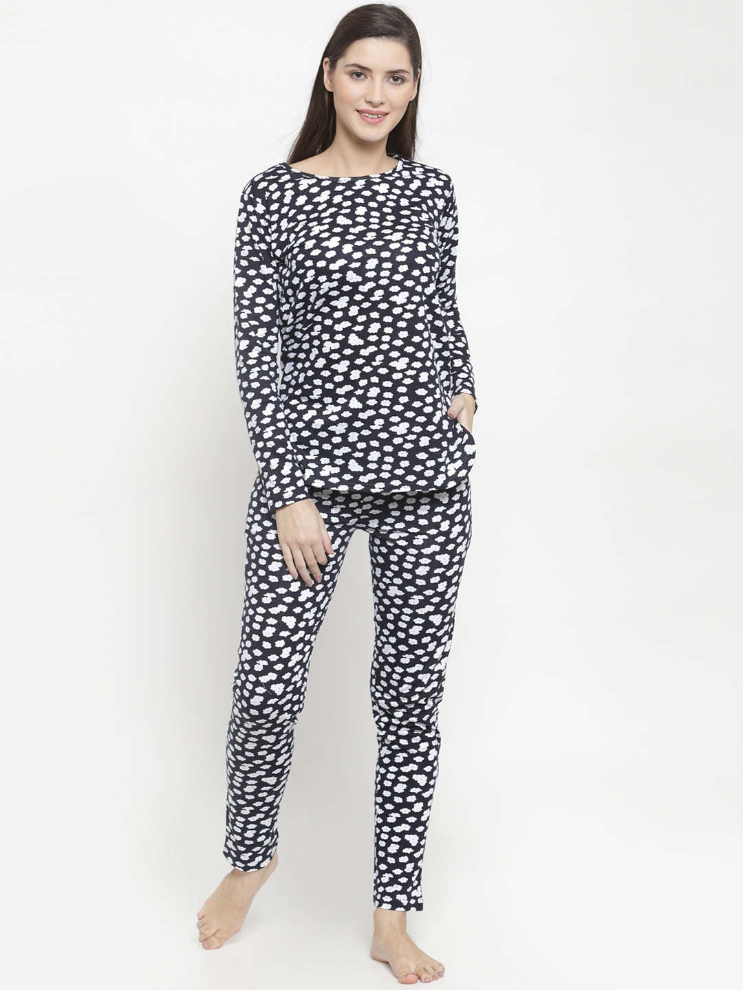Claura Women Navy Blue & White Printed Night suit