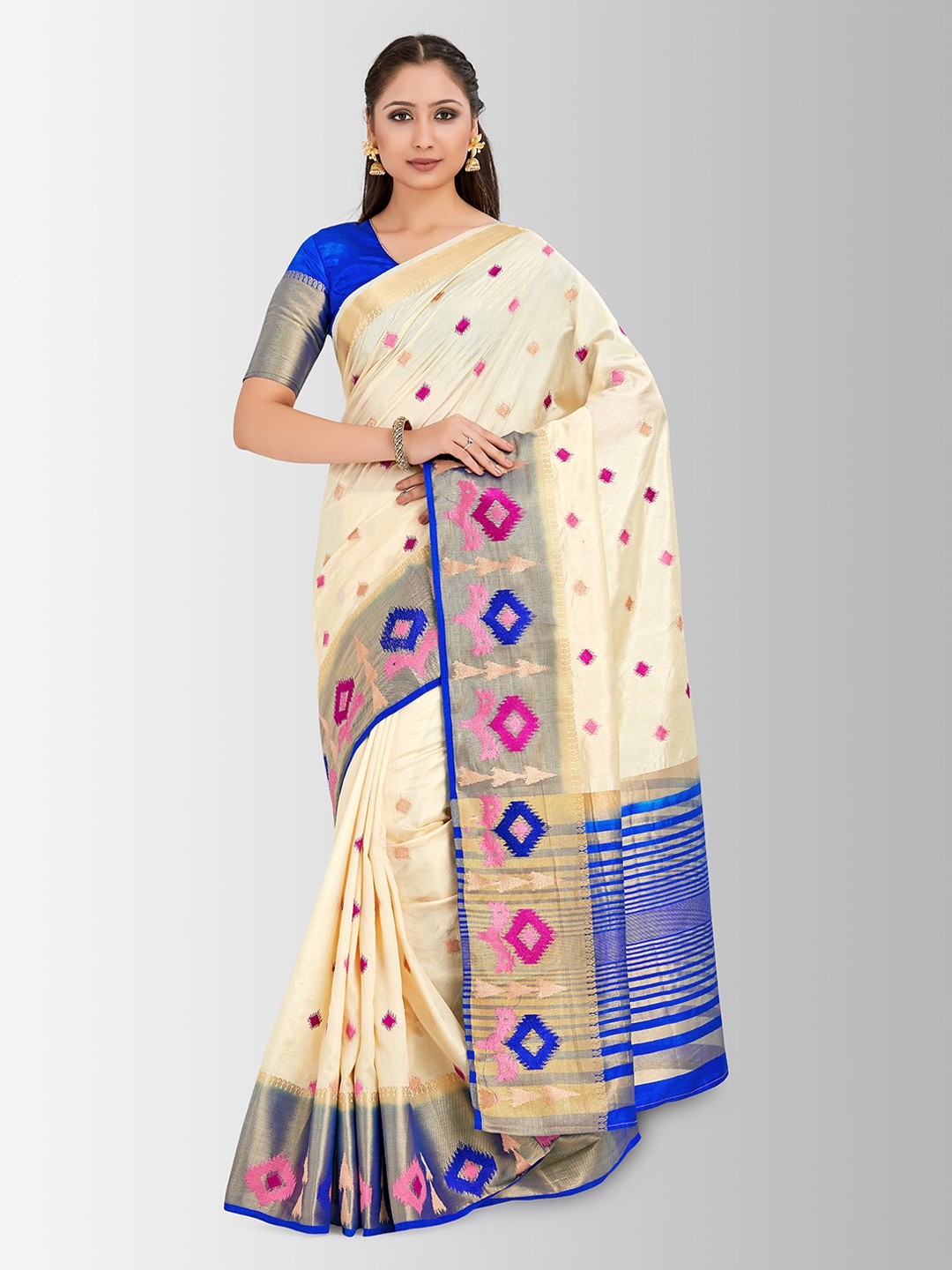 

MIMOSA Cream-Coloured Art Silk Woven Design Kanjeevaram Saree