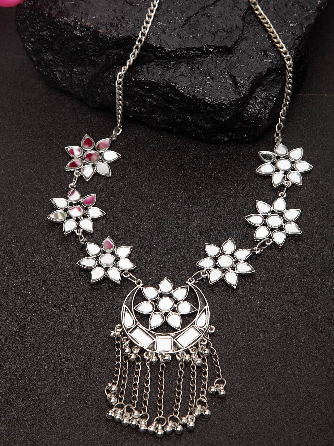 Moedbuille Silver-Plated Handcrafted Mirror Design Oxidised Necklace