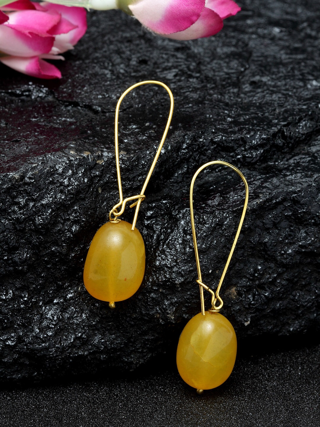 DUGRISTYLE Gold-Plated & Yellow Oval Drop Earrings