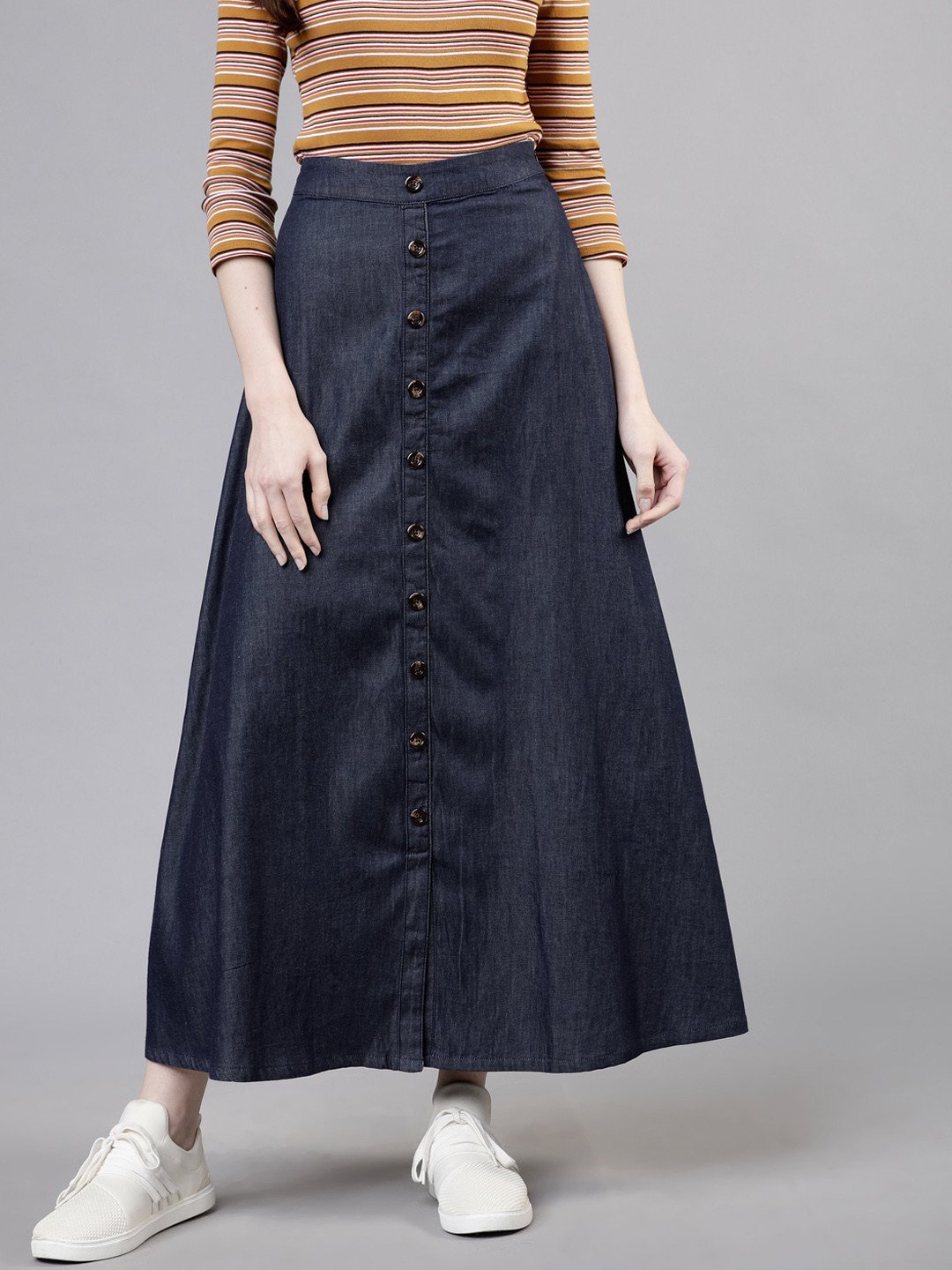 

Tokyo Talkies Women Navy Blue Denim A-Line Maxi Skirt