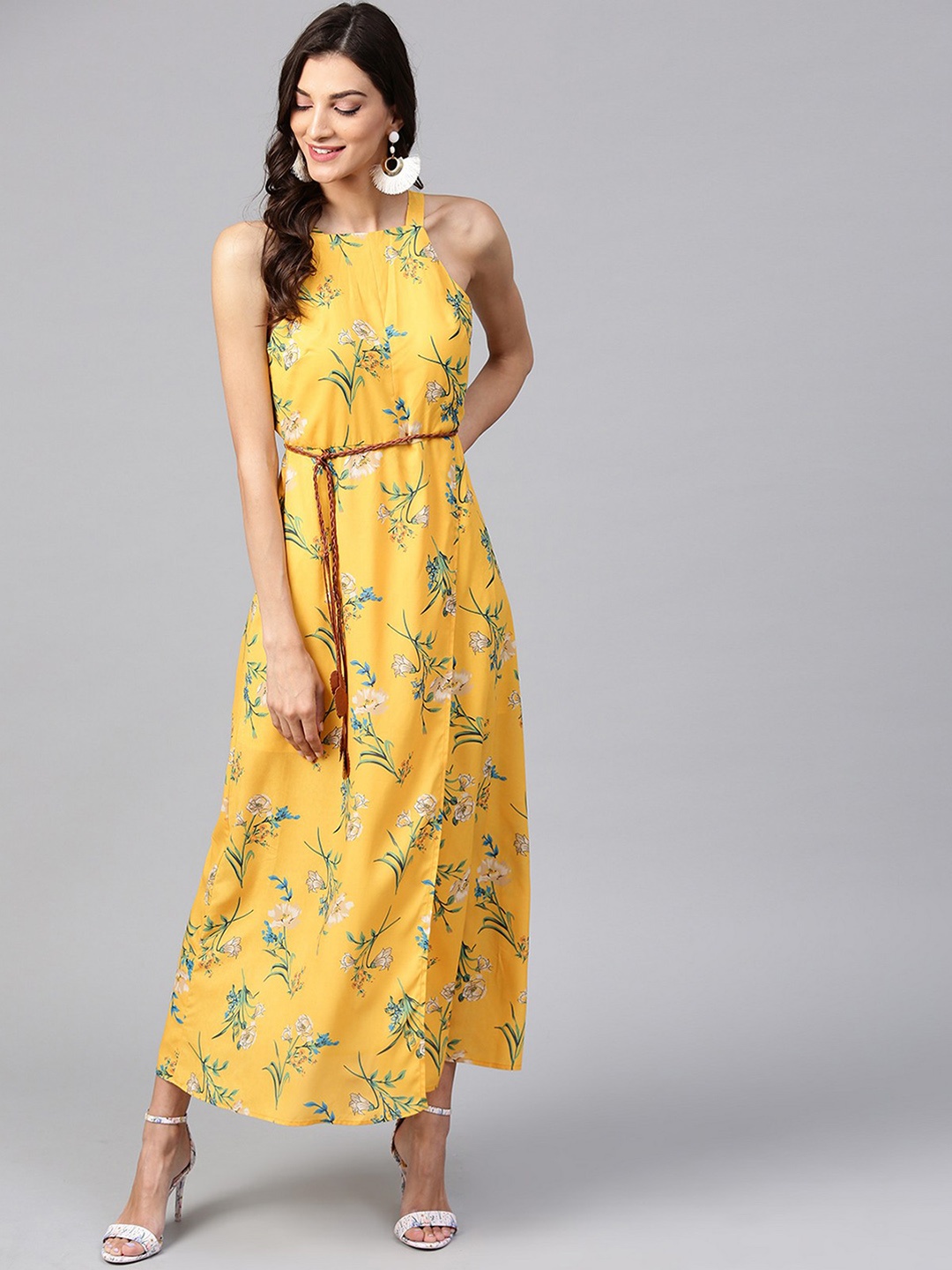 

Zima Leto Women Yellow Floral Print Wrap Dress