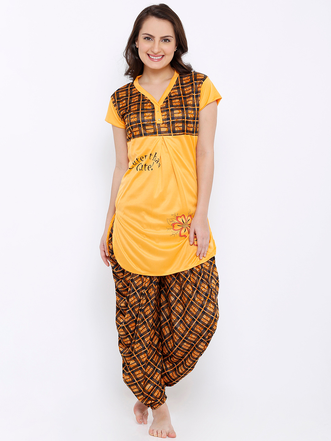 

Pretty Awesome Women Mustard Yellow & Brown Solid Night suit